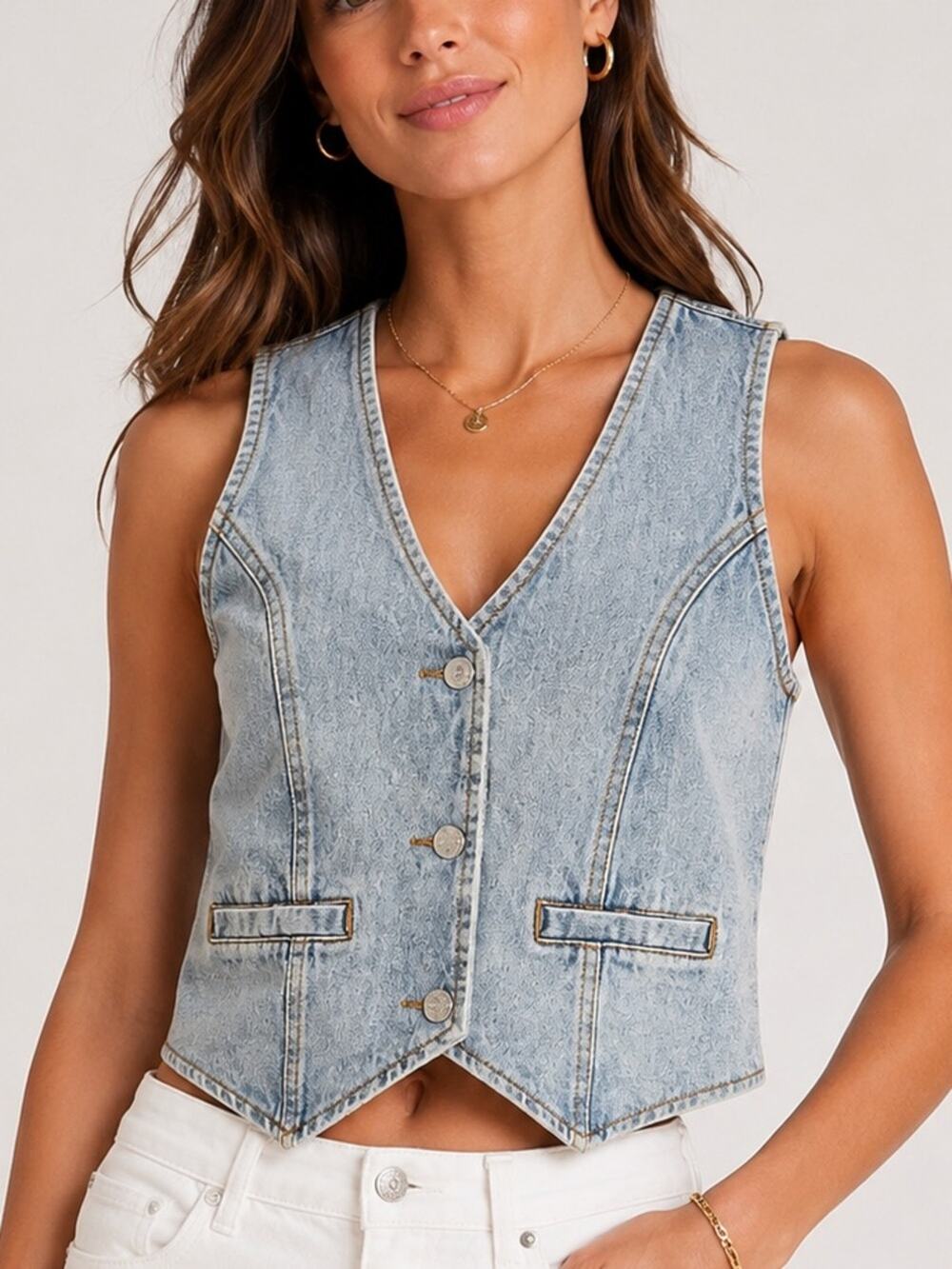 Eleven Denim Vest Womens Medium Light Wash Cropped Western Button Front NWT